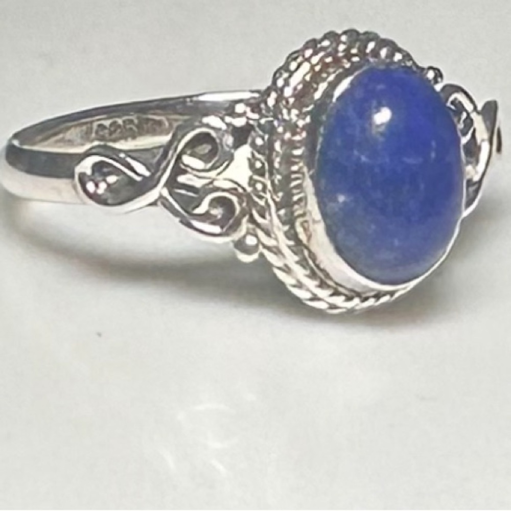 New Lapis & Sterling silver elevated cabachon ring with scroll on sides sz 7
